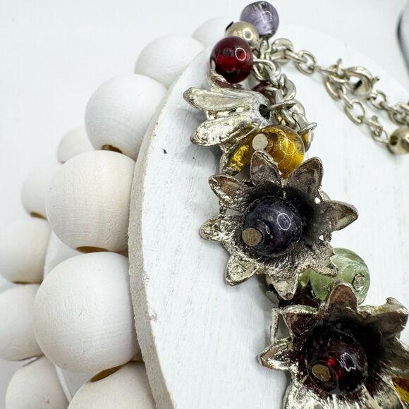 Colorful Glass Bead Flower Cluster Cha Cha Bracelet Silver Tone 7-8.5” - Picture 5 of 14